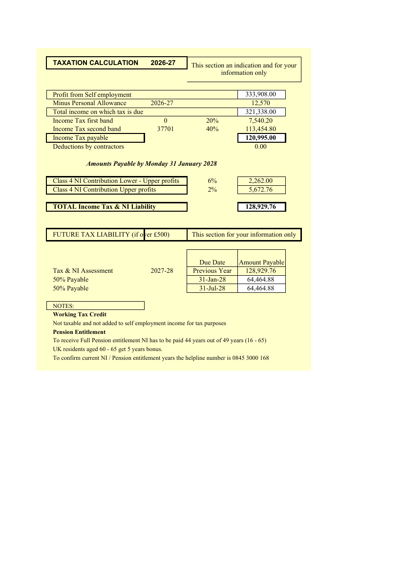 Income tax calculation sheet of the populated workbook