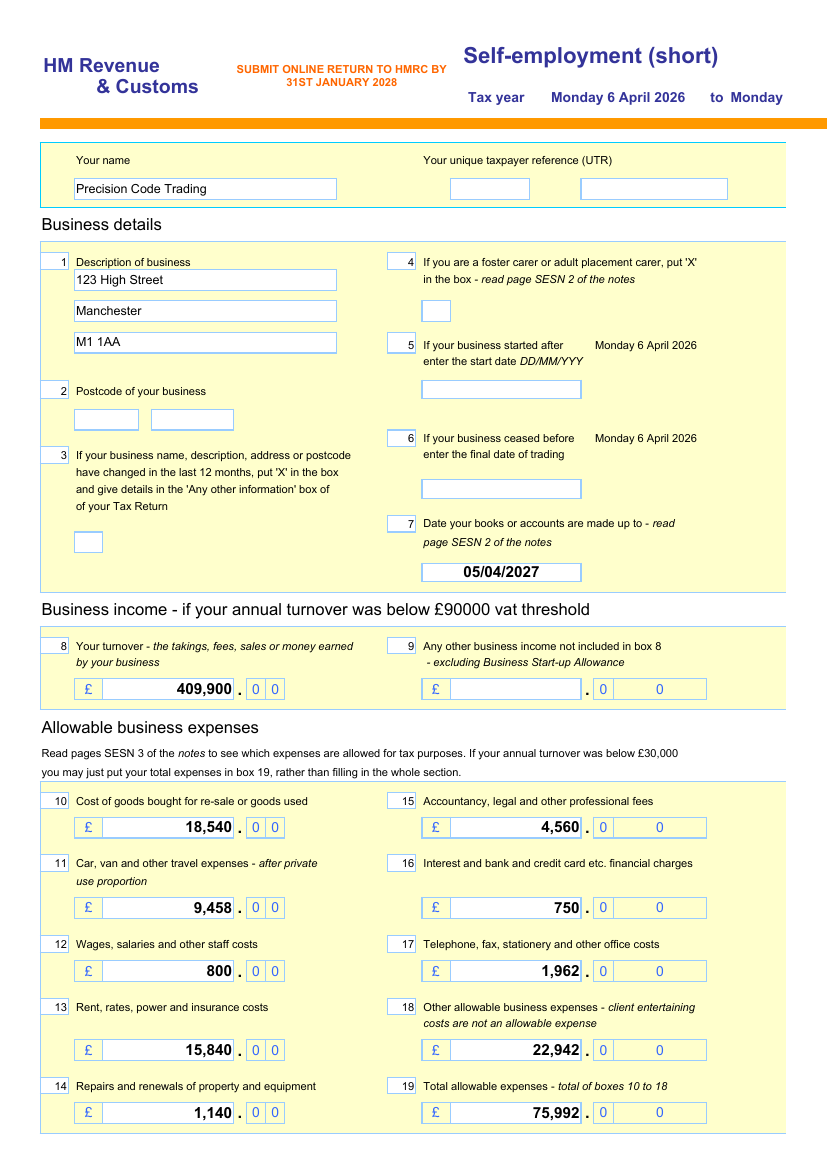 Self assessment short pages sheet of the populated workbook