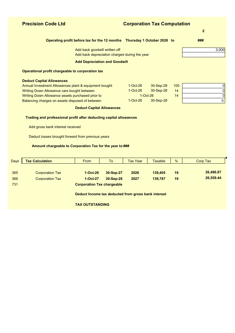 Corporation tax computation sheet of the populated workbook