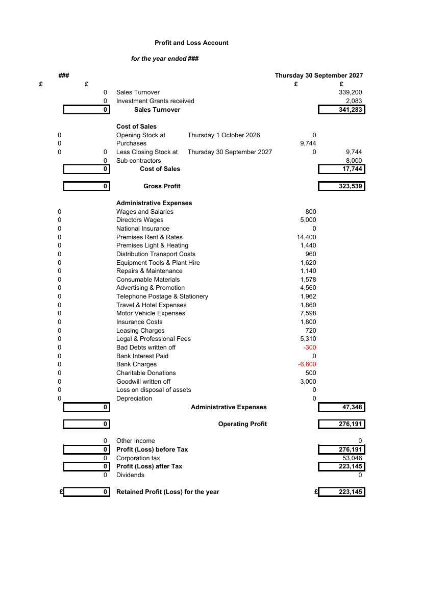Published profit and loss sheet of the populated workbook