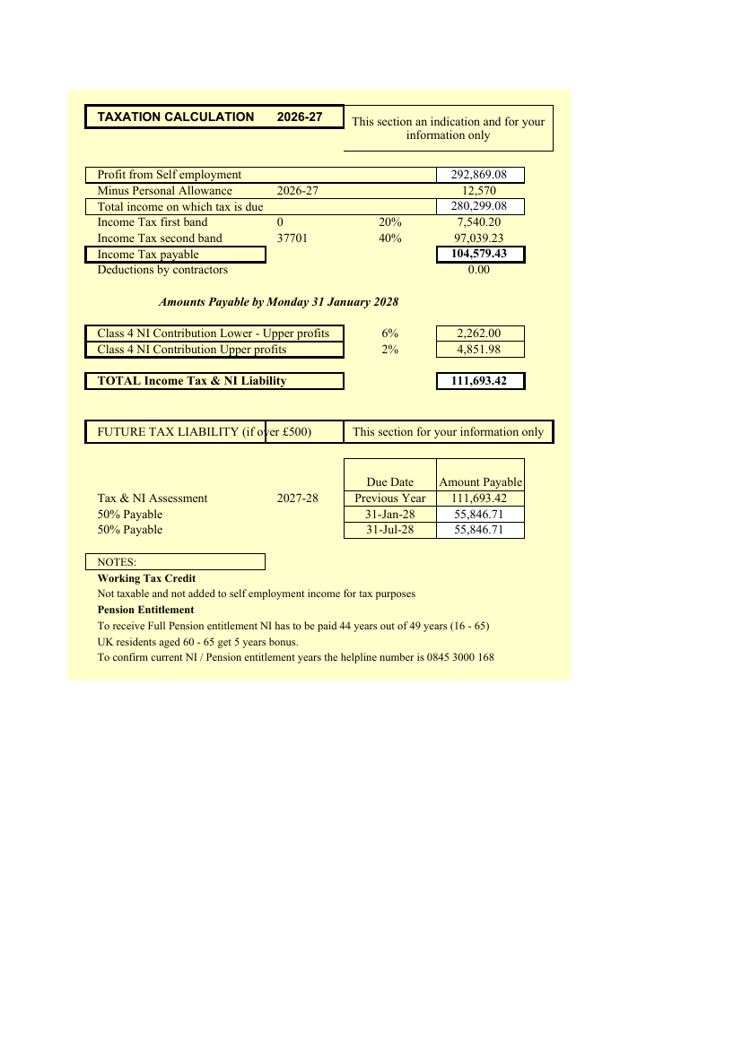 Income tax calculation sheet of the populated workbook