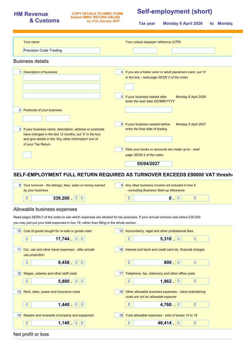 Self assessment short pages sheet of the populated workbook