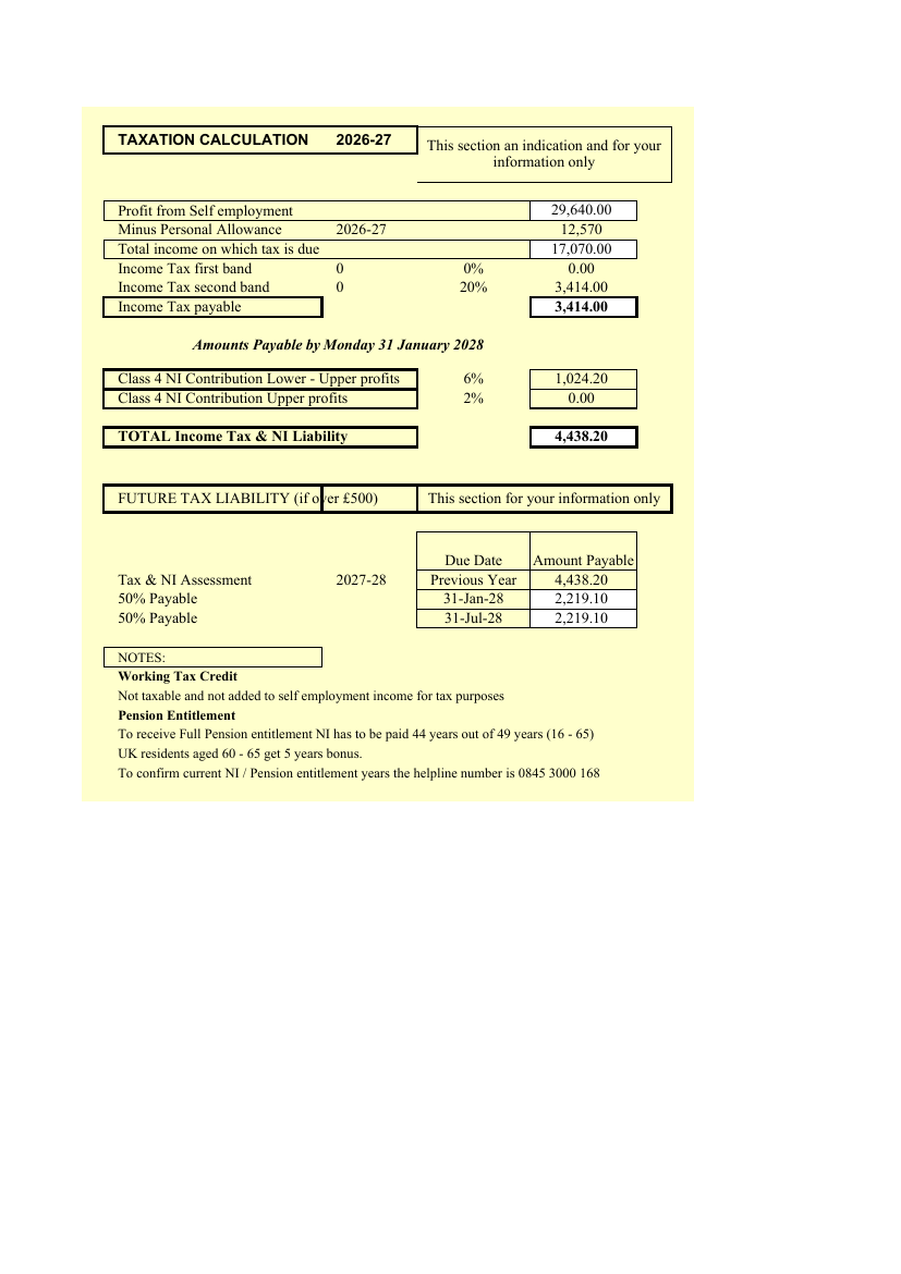Draft tax calculation sheet of the populated workbook
