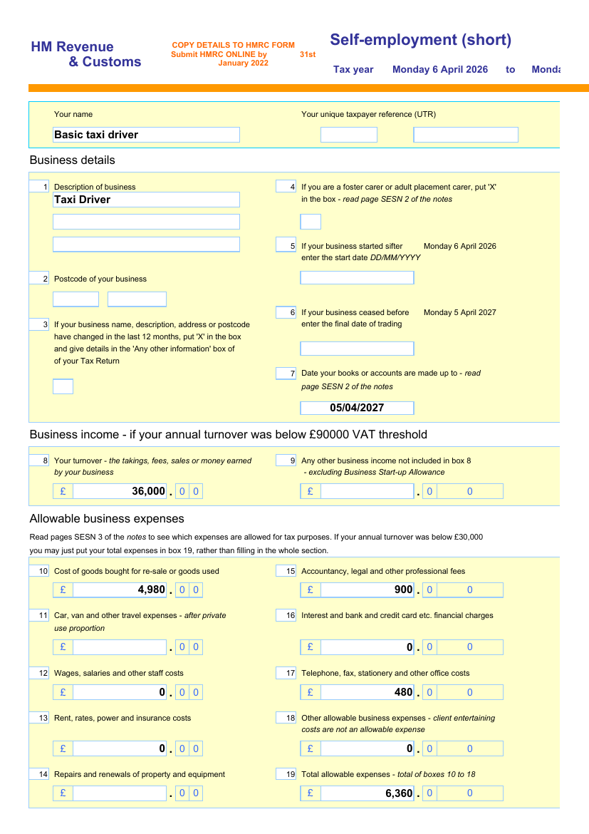 Self assessment short pages sheet of the populated workbook